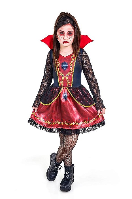 Fantasia Infantil Vampira Condessa Sanguinária Vampira Bruxa Luxo Criança Menina Festa Halloween Dia das Bruxas Noites do Terror Zumbi Carnaval
