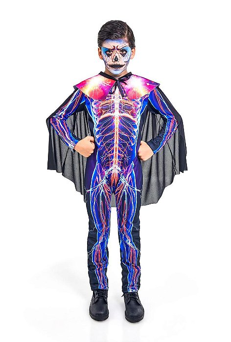 Fantasia de Esqueleto Infantil Colorido Macacão Caveira Elétrico Choque Brilhante Criança Menino Festa Halloween Dia das Bruxas Noites do Terror Zumbi Carnaval