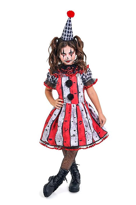 Fantasia Palhacinha Assustadora Infantil Colombina Zumbi Menina Circo Macabro Halloween Dia das Bruxas Noites do Terror Carnaval