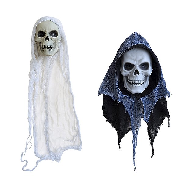 Enfeite Halloween Cabeça Caveira com Luz e Som Esqueleto Zumbi Decoração Festa Assustadora Dia das Bruxas Noites do Terror Realista