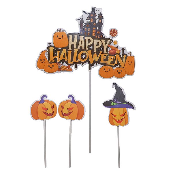 Kit Topo de Bolo Halloween Topper Cobertura Cupcake Enfeite de Mesa Decoração Palito Abóbora Aniversário Halloween Festa Dia das Bruxas