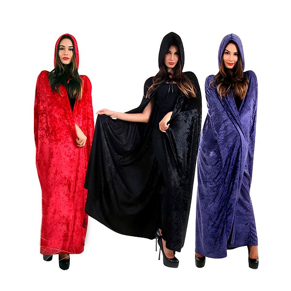 Capa Longa Capuz Fantasia Halloween Adulto Touca Morte Zumbi Vampiro Drácula Chapeuzinho Vermelho Ravena Mago Feiticeiro