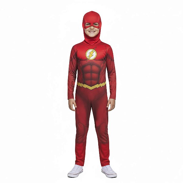 Fantasia Flash Infantil Macacão Longo Super Herói Personagem The Flash Festa Carnaval Dia das Crianças Presente de Aniversário Menino