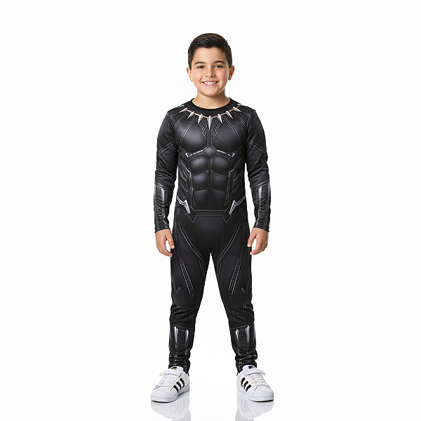 Fantasia Pantera Negra Infantil Macacão Longo Super Herói Personagem Festa Carnaval Dia das Crianças Presente de Aniversário Menino