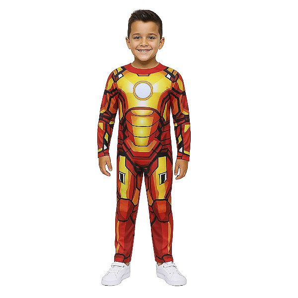 Fantasia Homem de Ferro Infantil Macacão Longo Super Herói Personagem Ironman Vingadores Festa Carnaval Dia das Crianças Presente de Aniversário Menino