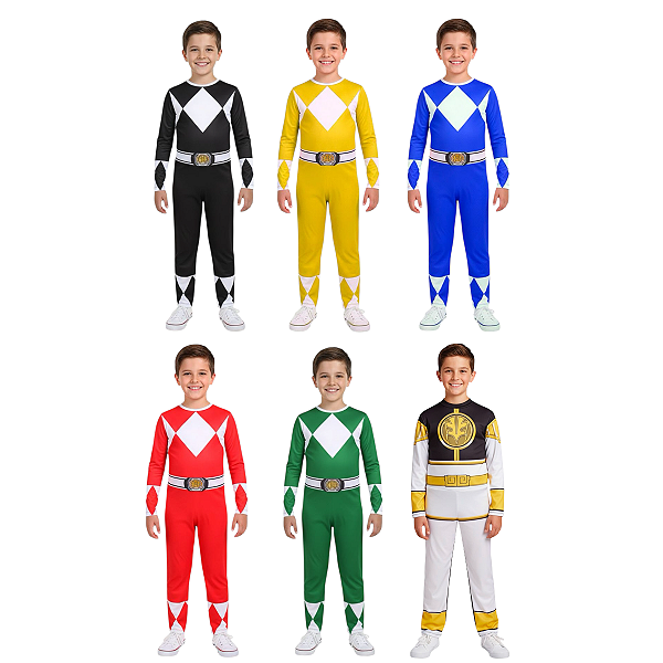 Fantasia Power Rangers Infantil Macacão Longo Super Herói Personagem Festa Carnaval Dia das Crianças Presente de Aniversário Menino