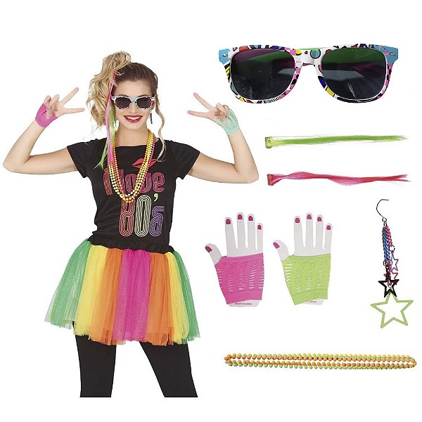 Kit Acessórios Fantasia Anos 80 Neon Festa Retrô Flash Back Anos 90 Fluorescente Colorido Balada