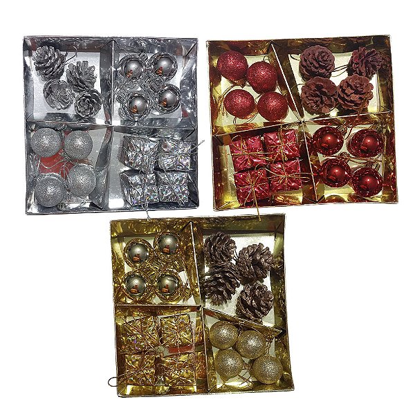 Kit de Enfeites de Natalinos Acessórios para Árvore de Natal Bolas para Decoração Dourada Prata Vermelho com 16 Unidades
