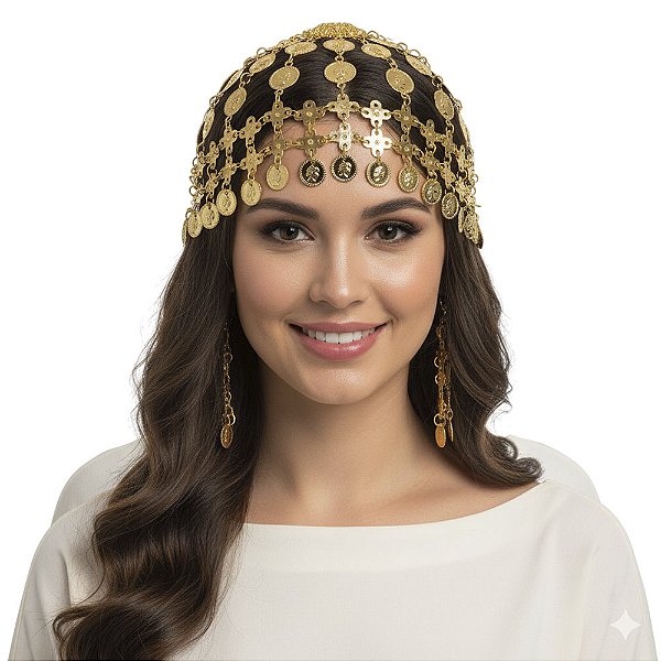 Touca com Medalhas Moedas Acessório Fantasia Cigana Odalisca Indiana Cosplay Dançarina Árabe Dança do Ventre