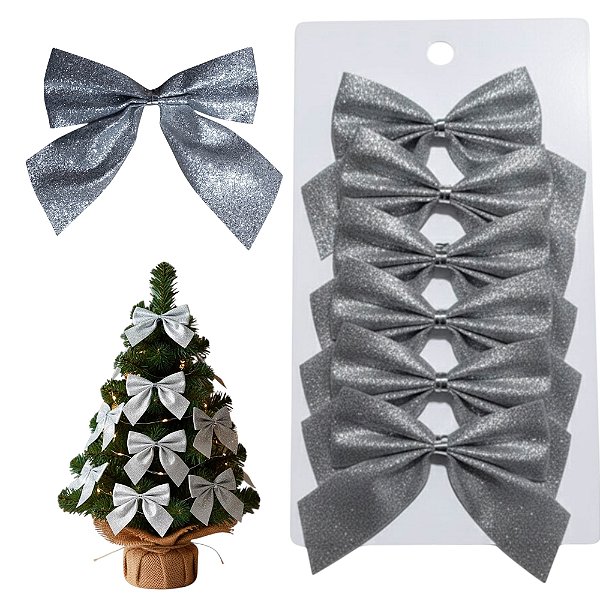 Laço de Natal Prata com Brilho Lacinho Decoração para Árvore de Natal com Glitter Enfeite para Mesa Ceia Noite Natalina