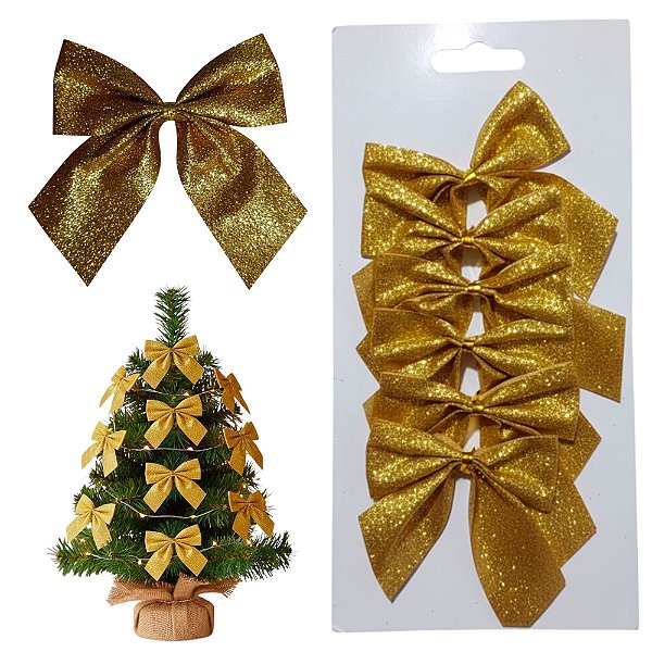 Laço de Natal Dourado com Brilho Lacinho Decoração para Árvore de Natal com Glitter Enfeite para Mesa Ceia Noite Natalina