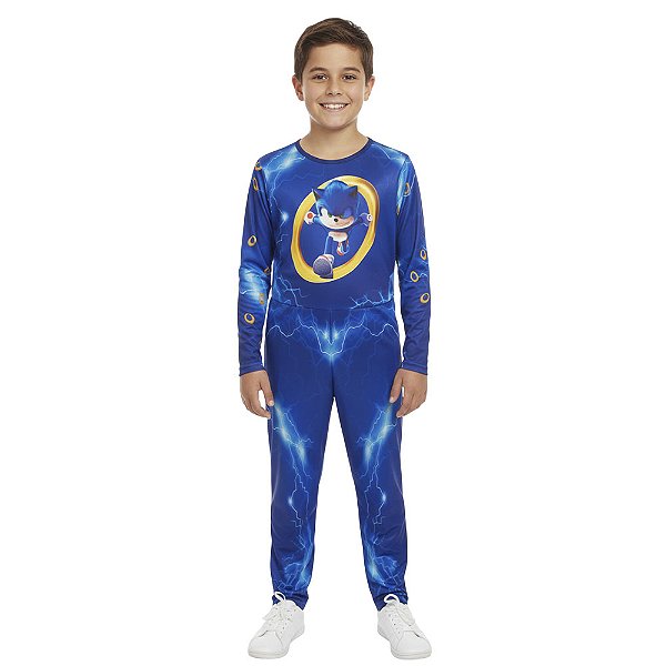 Fantasia Sonic Infantil Macacão Longo Super Herói Personagem Festa Carnaval Dia das Crianças Presente de Aniversário Menino