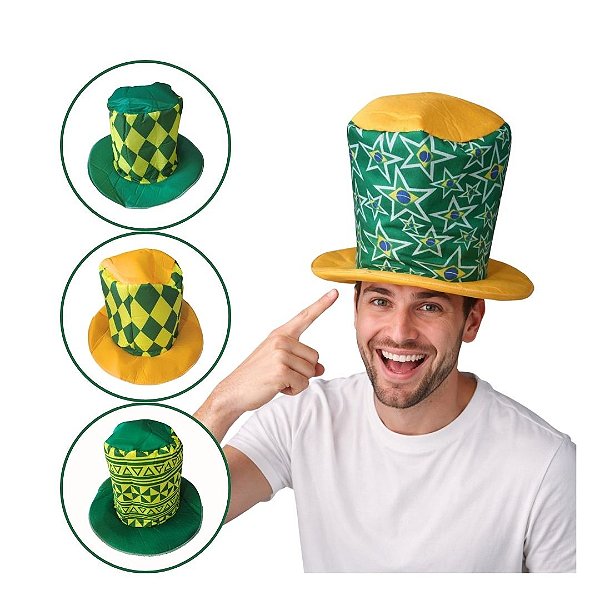 Chapéu Cartola Brasil Estampada Torcida Verde e Amarelo Jogos Copa do Mundo Seleção Brasileira Desfile 7 de Setembro Festa das Nações
