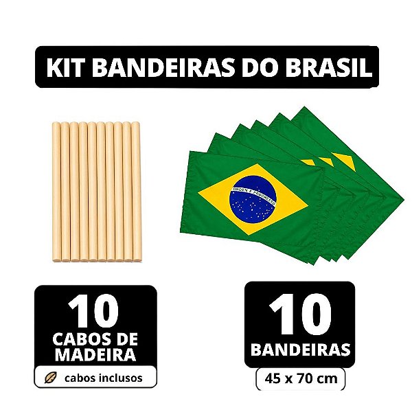 Kit 10 Bandeira do Brasil c/ Cabo Flâmula Haste Torcida Copa do Mundo Jogos Olímpicos Desfile 7 de Setembro Festa Nações