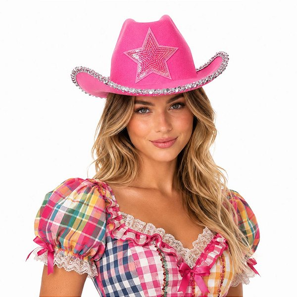 Chapéu Country Rosa Cowgirl Vaqueira Boiadeira Caipira Rodeio Festa Junina Sertanejo