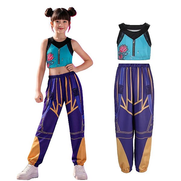 Fantasia Zoey Huntrix Guerreiras K-Pop Infantil Menina Cosplay Demon Hunters Cropped + Calça Festa Carnaval Bloquinho Halloween