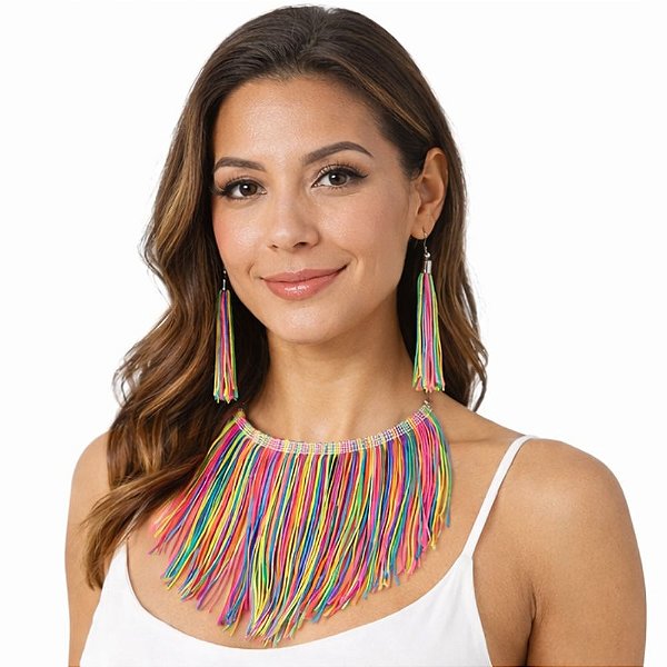 Colar Choker Tecido Gargantilha com Franjas Brinco de Tiras Acessório Colorido Fantasia Carnaval Bloquinho Dança