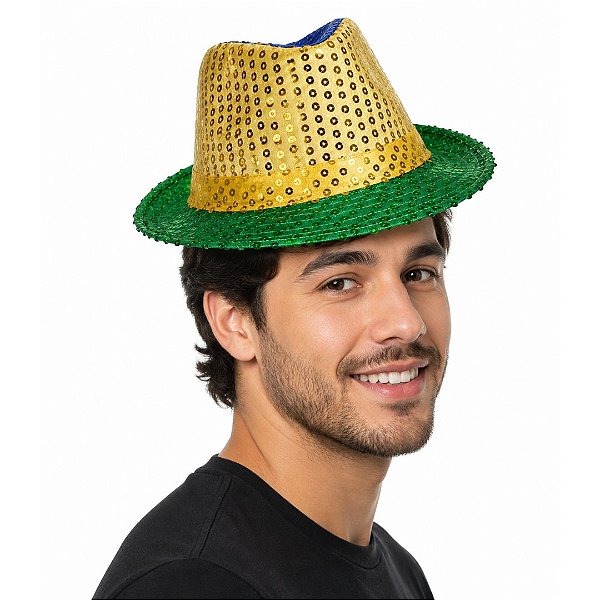 Chapéu Malandrinho Paetê Verde e Amarelo Lantjoulas Torcida Seleção Brasileira Copa do Mundo Jogos Olímpicos Desfile 7 de Setembro Festa das Nações