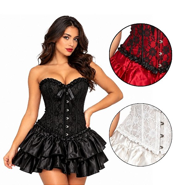Fantasia com Corset Adulto Corselet Rendado Corpete Espartilho Cinta Modeladora de Cintura Figurino Halloween Cosplay Festa Temática Teatro Evento Carnaval