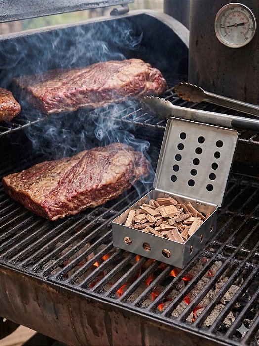 Caixa De Defumação Smoker Box Para Churrasco Prateado