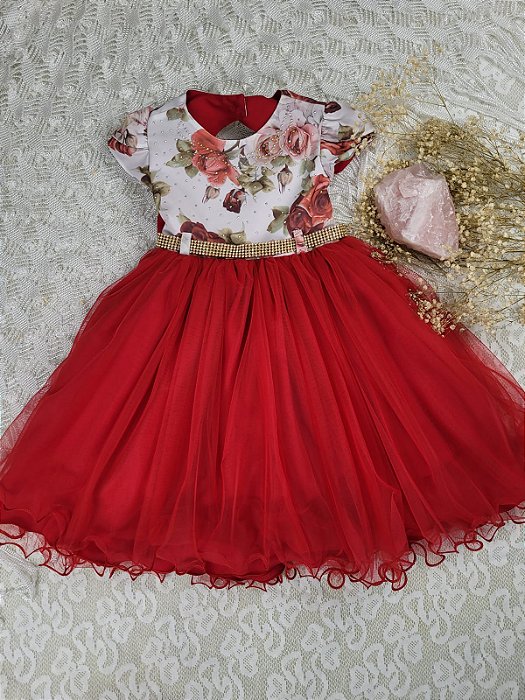 Vestido de Festa Infantil Vermelho estampado MB - Cod: 2084  (Tamanho 1 e 2)