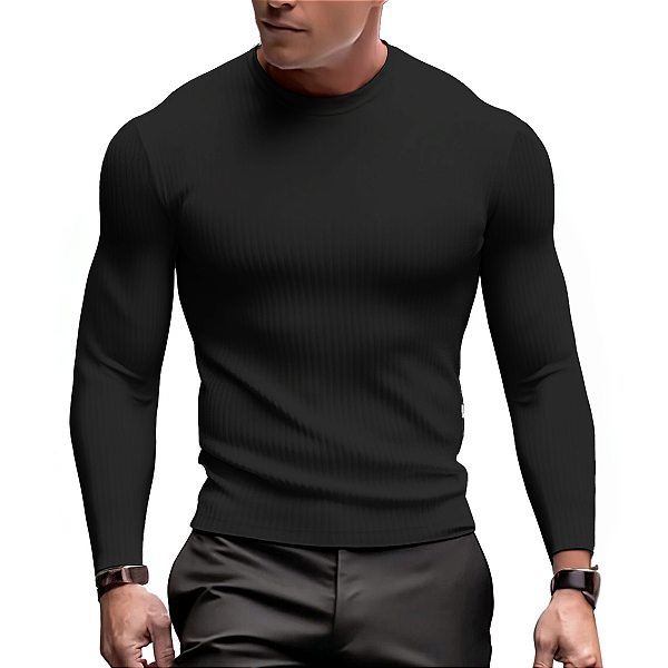 Camisa Masculina Malha Canelada Manga Longa Slim Premium