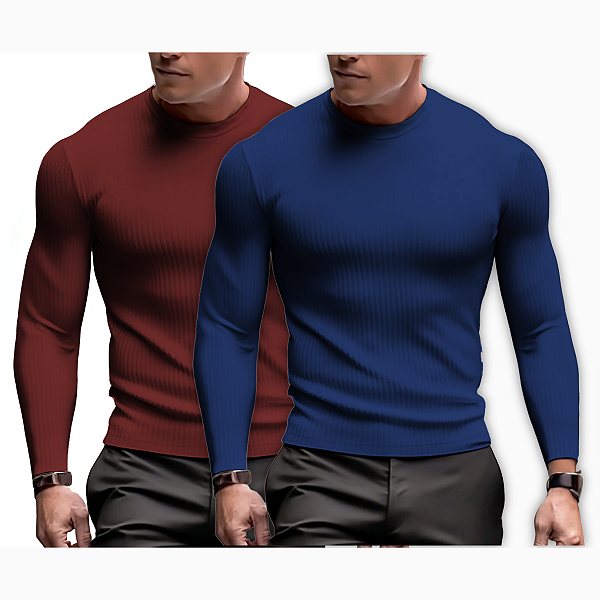 Kit 2 Camisetas Manga Longa Masculina Malha Canelada Slim