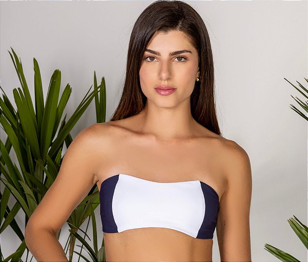 Top de Biquíni Branco e Azul Marinho Malu