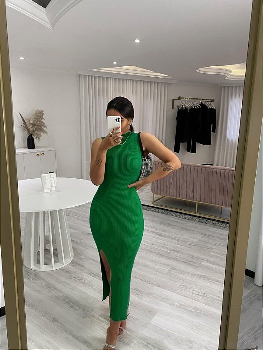 Vestido Tricot Vestido Verde Bandeira Midi Vestido Tricot Gola