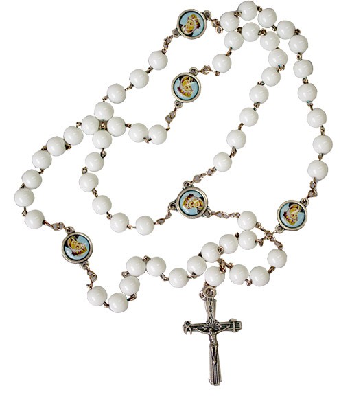 Terço Olho de Gato personalizado Nsra Salette Branco c/ medalhas