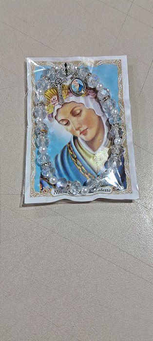 Pulseira de contas em cristal com Strass e medalha e crucifixo e oração