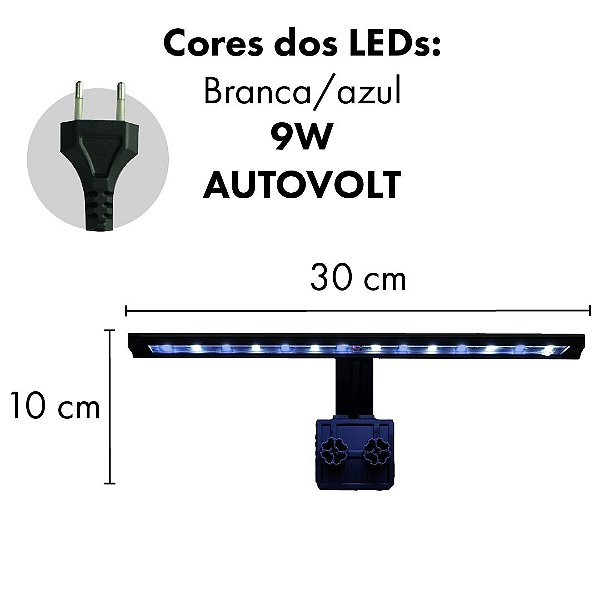 LUMINARIA LED SOMA  T-300 PRETA 9W LED BRANCO/AZUL AUTOVOLT