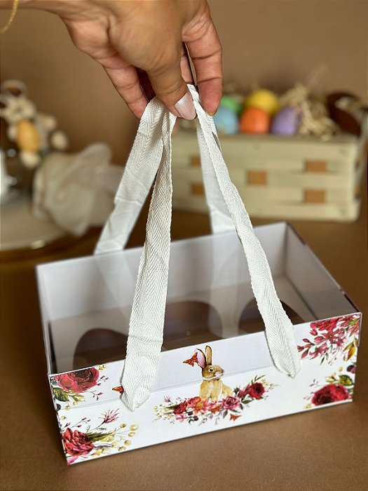 Caixa com alça para trio de ovos de Páscoa - Linha Bunny elegante clean (20 unidades)