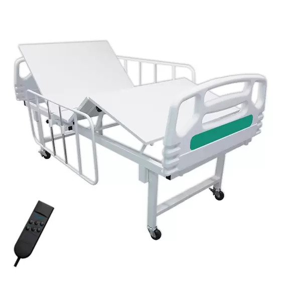 Cama hospitalar motorizada com grades laterais retangulares em aço e sistema deslizante - Marca Hospitalar