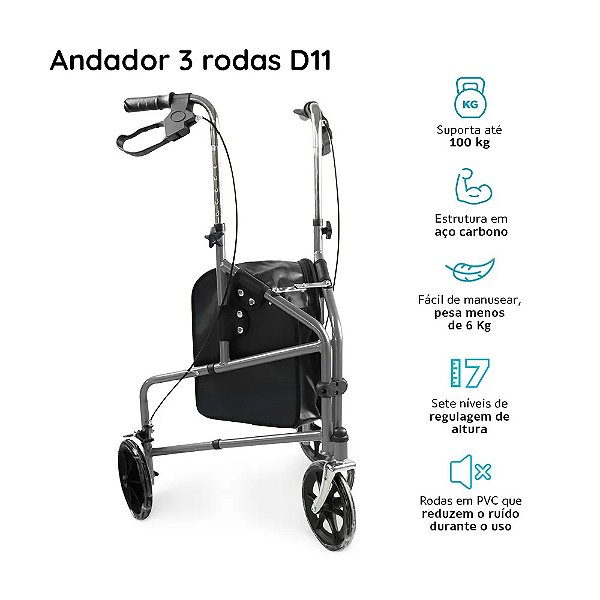 Andador Dobrável 3 Rodas D11 Suporta até 100 kg Dellamed