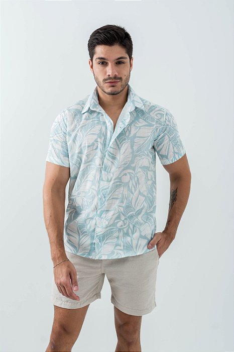 Camisa Social Masculino Manga Curta Linho Estampado