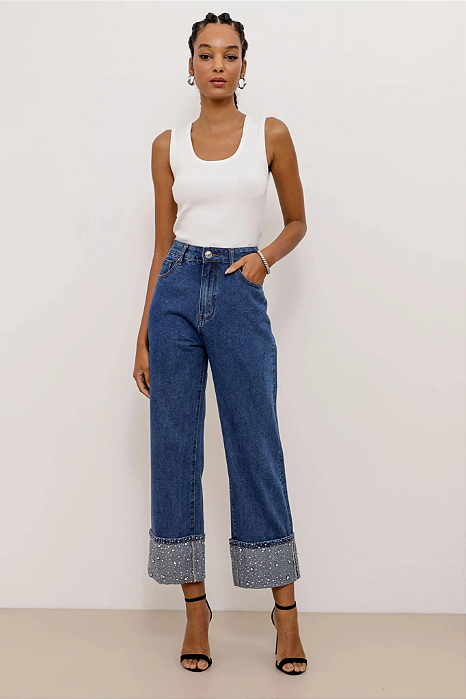 Calça Jeans Pantacourt Barra Brilho - Mamô