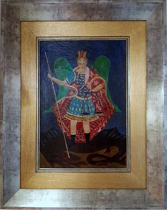 Djanira, óleo sobre tela, "Anjo com balança" - Emoldurado em madeira com proteção em vidro, 34x23cm. cca