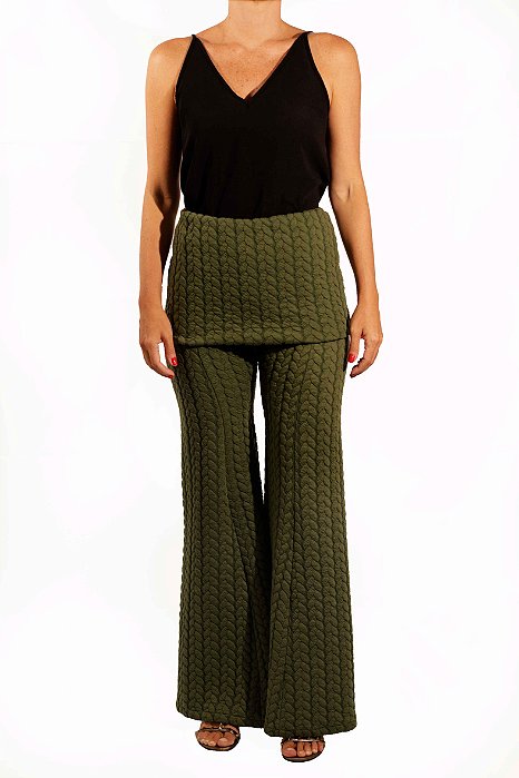 Calça Missinclof Verde Militar Flare Lã Detalhe Trança