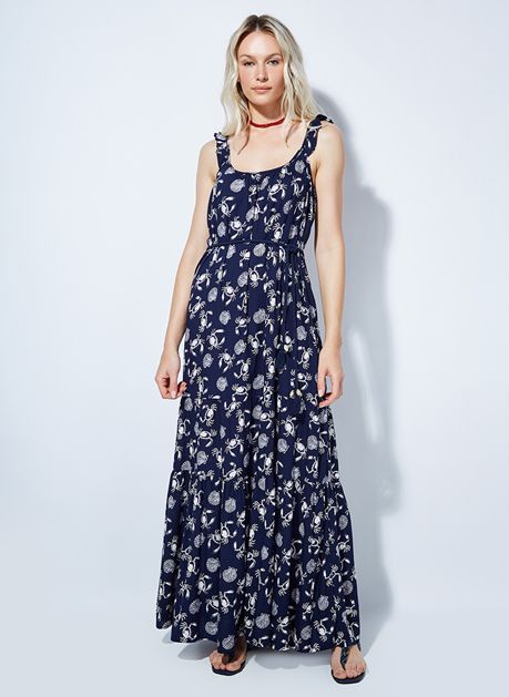 Vestido Longo Le Lis Blanc Azul Marinho Estampa Siri e Conchas