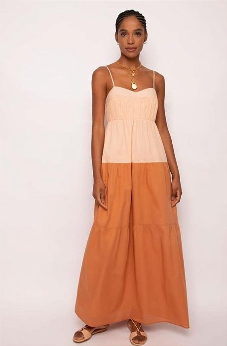 Vestido Longo Andrea Marques Bicolor Terracota e Rosé