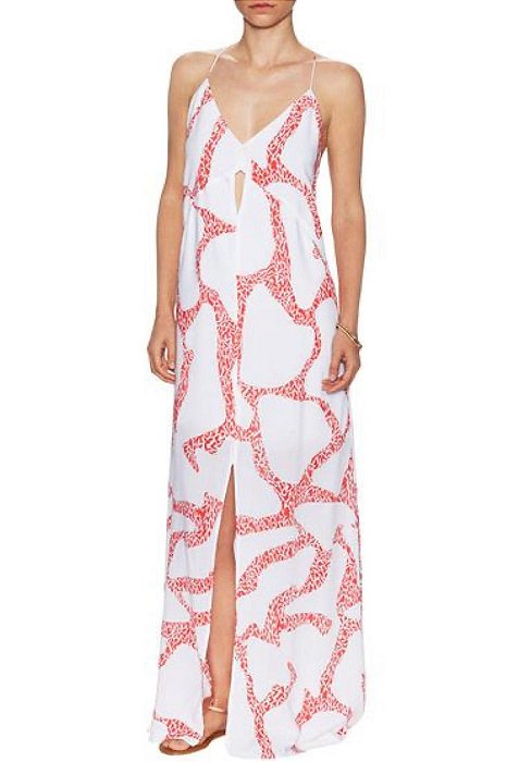 Vestido Longo VIX Branco Detalhes Vermelhos Seda