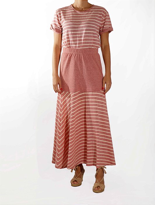 Conjunto Missinclof Malha Blusa + Saia Rosa Listras
