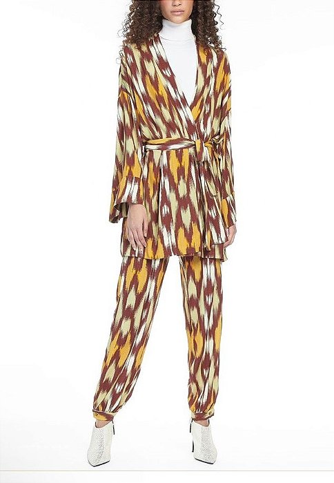 Conjunto Animale Kimono e Calça Jogging em Tons de Marrom e Amarelo