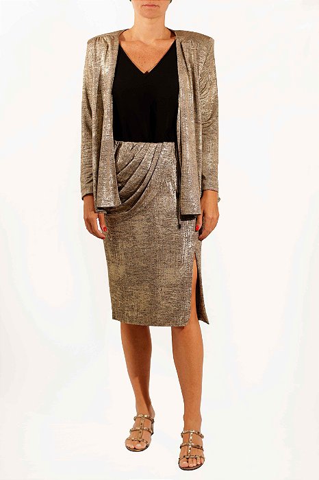 Conjunto Mixed Prata Saia Lápis Fenda Lateral + Blazer Ombreiras