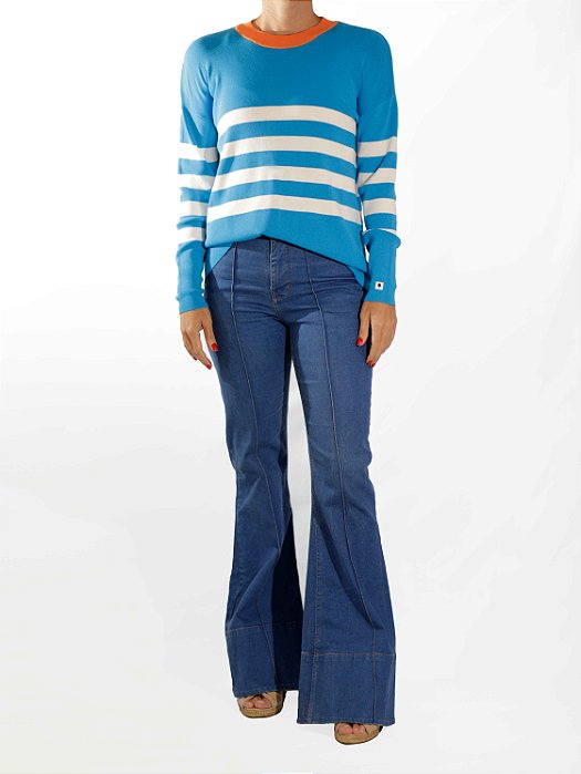 Suéter Le Lis Blanc Azul e Branco Tricô Gola Alta