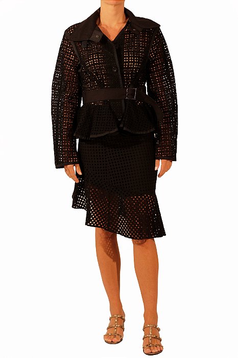 Conjunto Casaco Animale Cinturado Manga Comprida + Saia Valen Babado Laise Preto