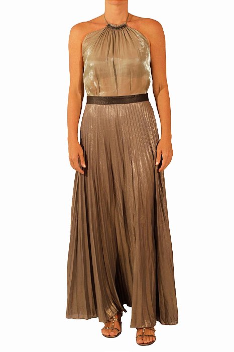 Conjunto Animale Saia + Blusa Cinza Metalizada Plissada Seda