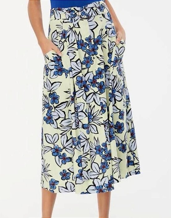 Saia Animale Amarela e Azul Midi Estampada