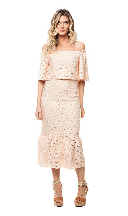 Vestido Tee Match Rosa Claro Midi Ombro a Ombro